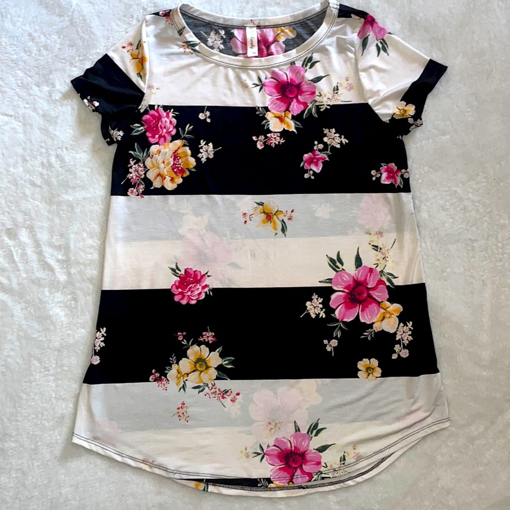 Floral Stripe Rounded Neck Top
